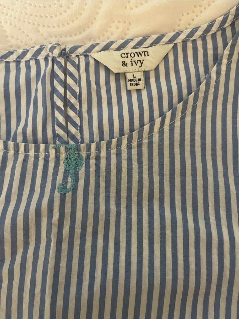 crown & ivy Blue and Teal Striped Bell-Sleeve Blouse L - Picture 7 of 9